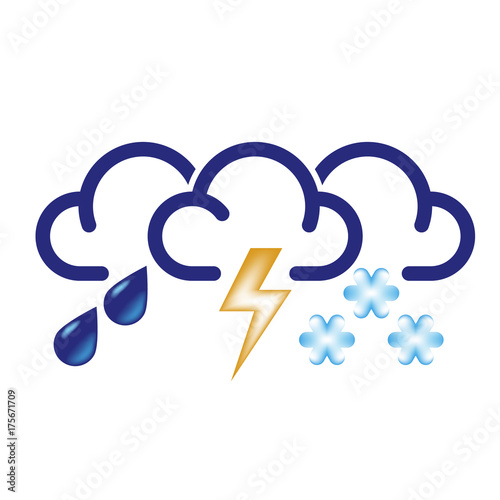 Stylized clouds with raindrops, lightning and snowflakes. All in one bad weather vector icon.