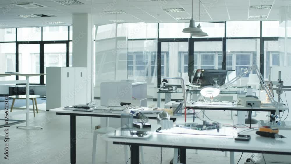  Interior view of work area in electronics factory. No people.