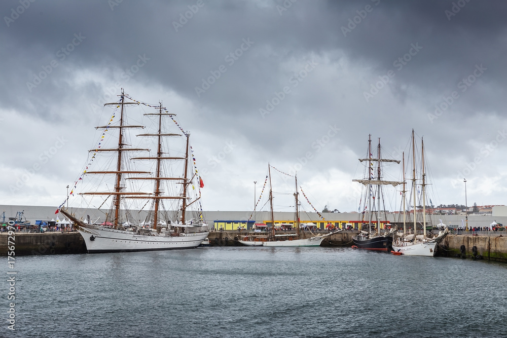 Ancient sailboats moored in port Sines, Portugal