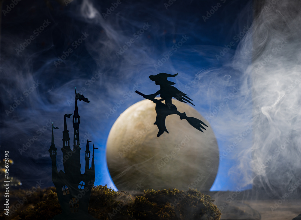 Fototapeta premium Halloween witch flying on broomstick, Halloween background.