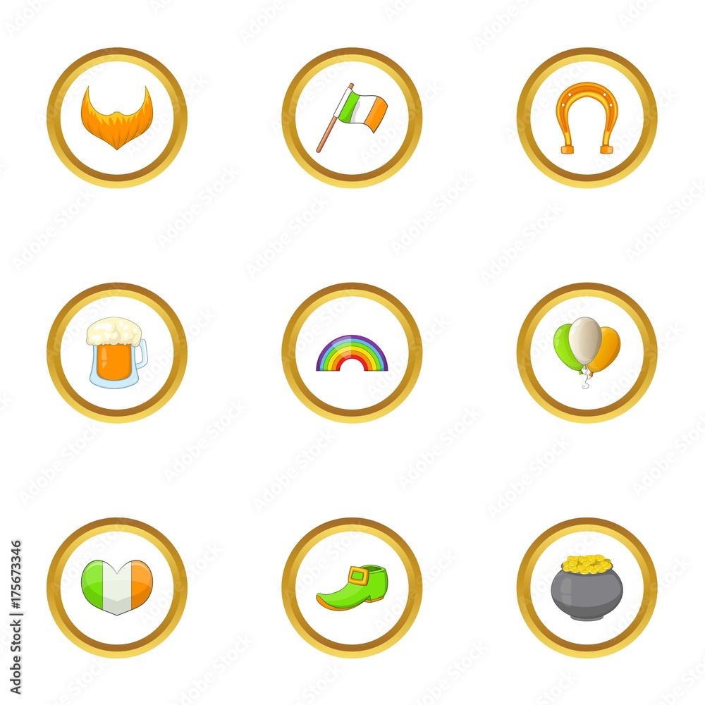 Saint Patrick day icons set, cartoon style Saint Patrick day icons set, cartoon style