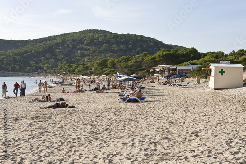 Les Salinas beach with restaurant Jockey Club, Ibiza, Balearen, Spanien