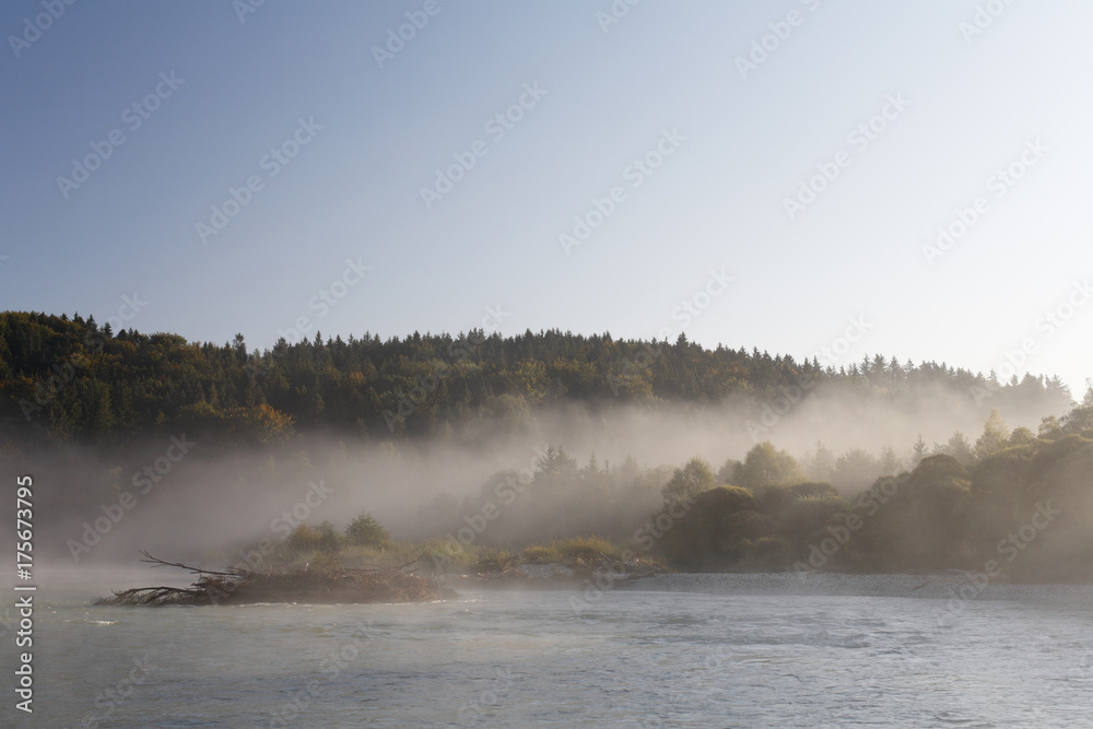Morning fog at Isar river, Upper Bavaria, Germany, Europe
