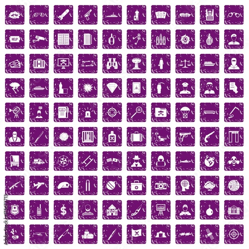 100 antiterrorism icons set grunge purple