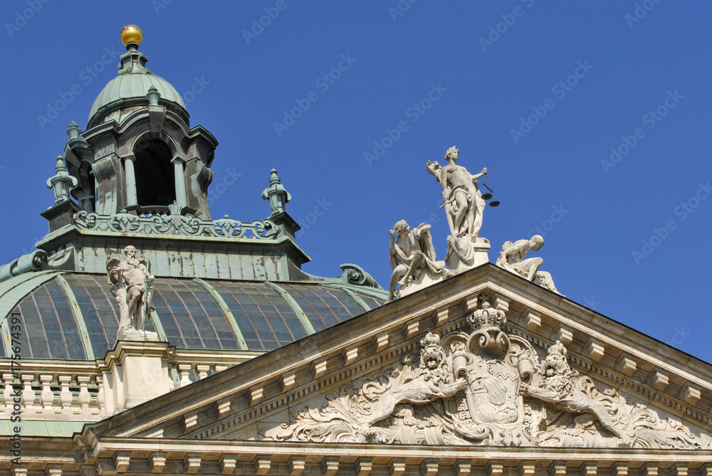 Lady Justice, Innocence and Vice on the palace of justice, south front and dome, Munich, Bavaria, Germany, Europe
