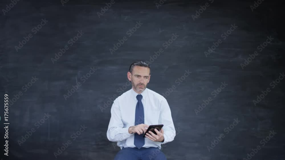 Man working on computer tablet & looking for inspiration on blank chalkboard Man working on computer tablet & looking for inspiration on blank chalkboard