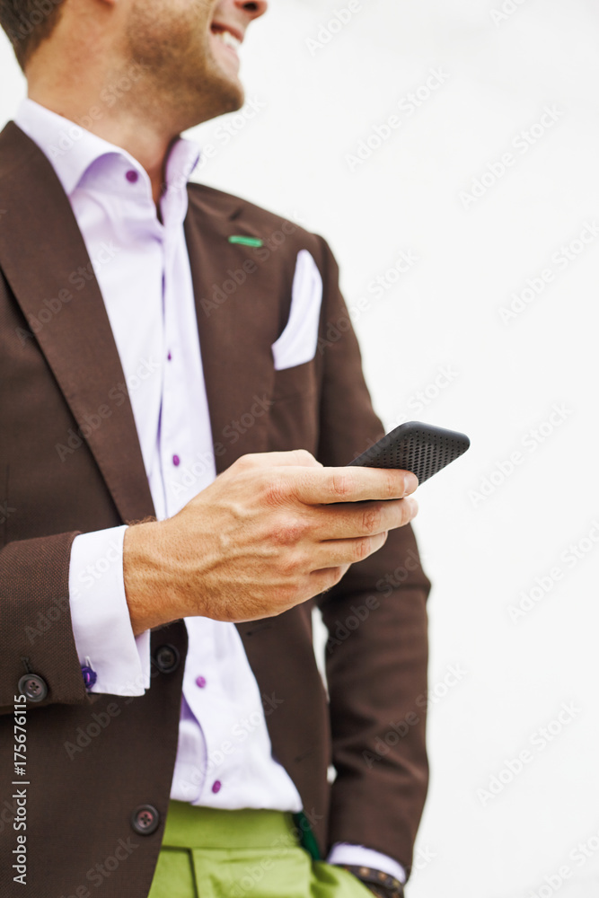 Portrait caucasian hipster stunna guy in stylish suit with brown top Portrait caucasian hipster stunna guy in stylish suit with brown top