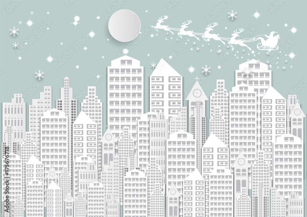 Winter holiday snow in city background with santa. Christmas season paper art style illustration