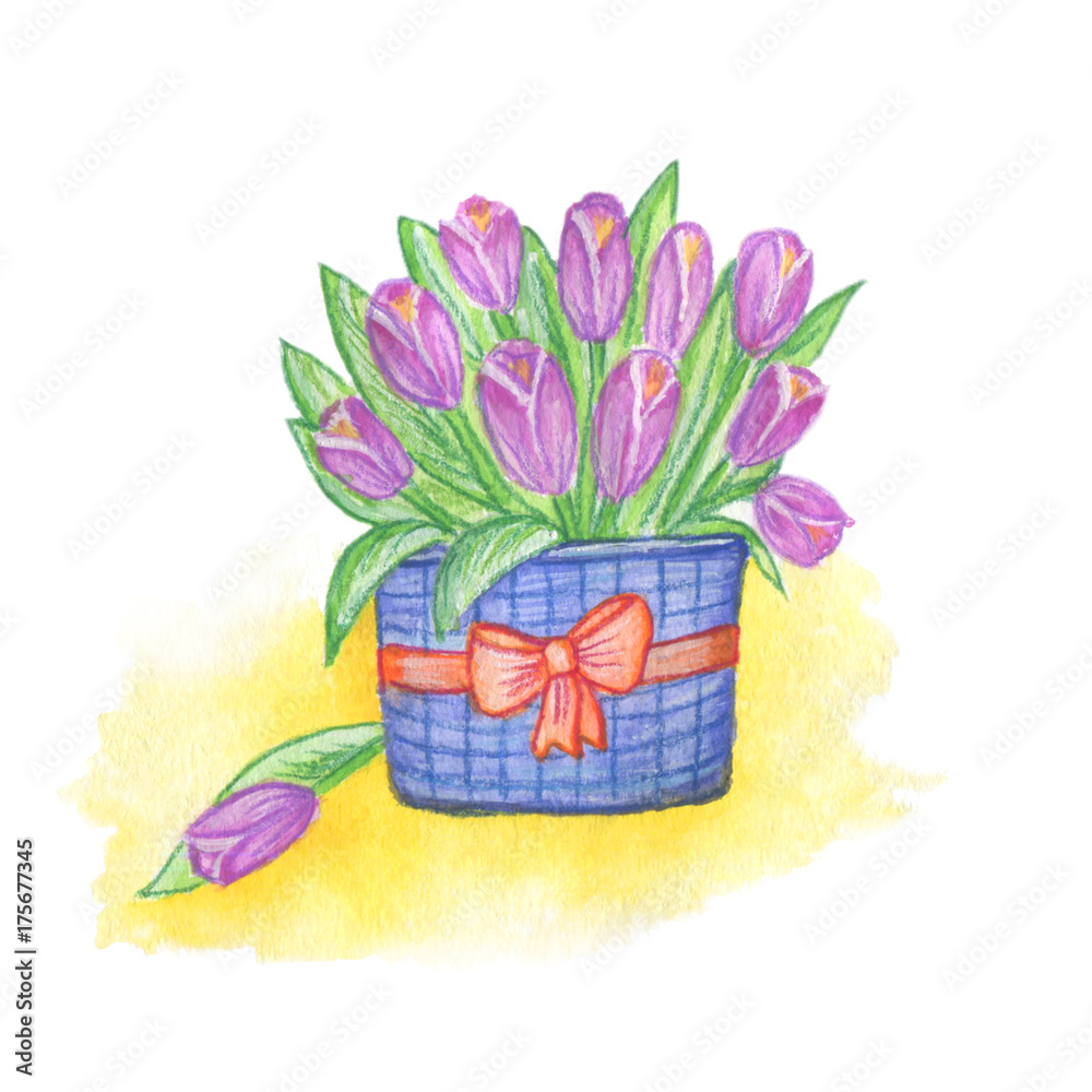 a basket of flowers painted with watercolors