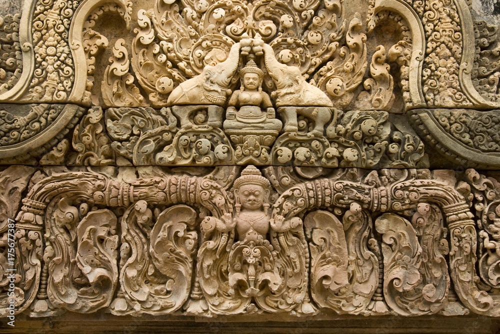 Ornamentation on the Bantea Srey Temple, Cambodia, Southeast Asia, Asia