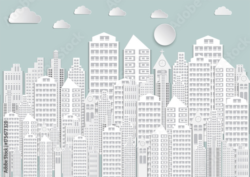 Paper art of white city with sky and Clouds.vector illustration background