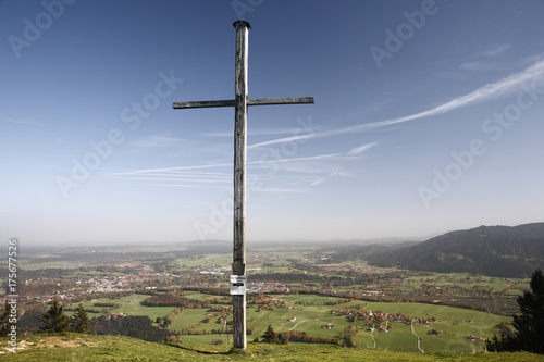 Summit cross at Blomberg, view on Bad Toelz and Wackersberg, Upper Bavaria, Germany, Europe