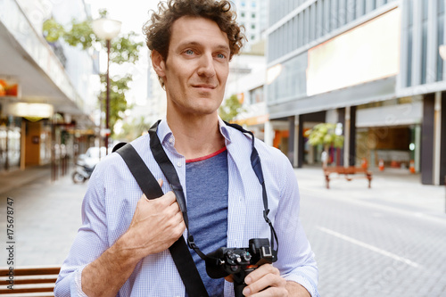 Male tourist in city