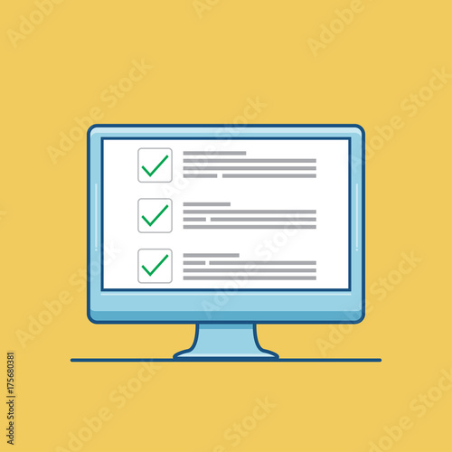 Checkboxes on computer screen. Checkboxes and green checkmarks. Modern concept for web banners, web sites, infographics. Creative flat design vector illustration isolated on yellow background