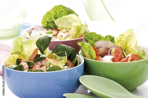 Various salads in bowls: romaine lettuce, cucumber, peppers, button mushrooms and mozzarella, shrimp, radish, lamb's lettuce, feta cheese and dressing photo