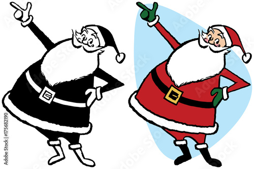Santa Claus pointing towards something interesting.