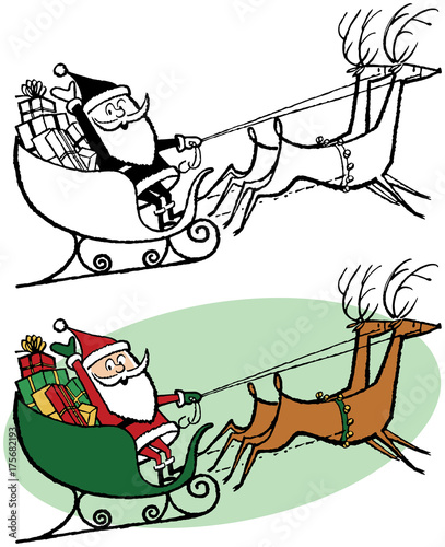 Santa Claus in his sleigh with flying reindeer on Christmas Eve