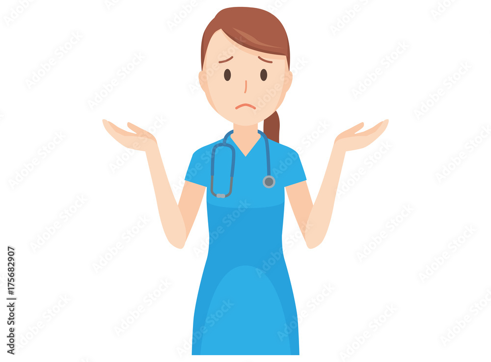 Illustration that a nurse wearing a blue scrub is shrugging his shoulders Illustration that a nurse wearing a blue scrub is shrugging his shoulders