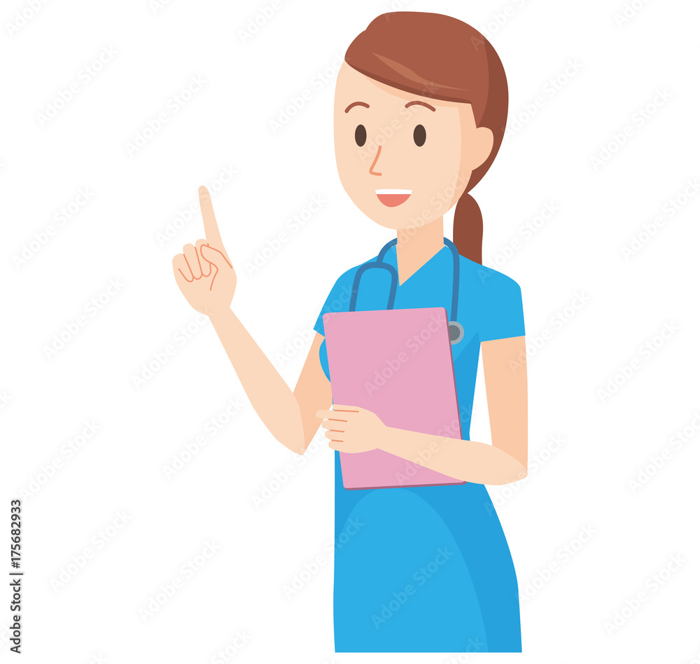 Illustration that a nurse wearing a blue scrub is pointing at a finger Illustration that a nurse wearing a blue scrub is pointing at a finger