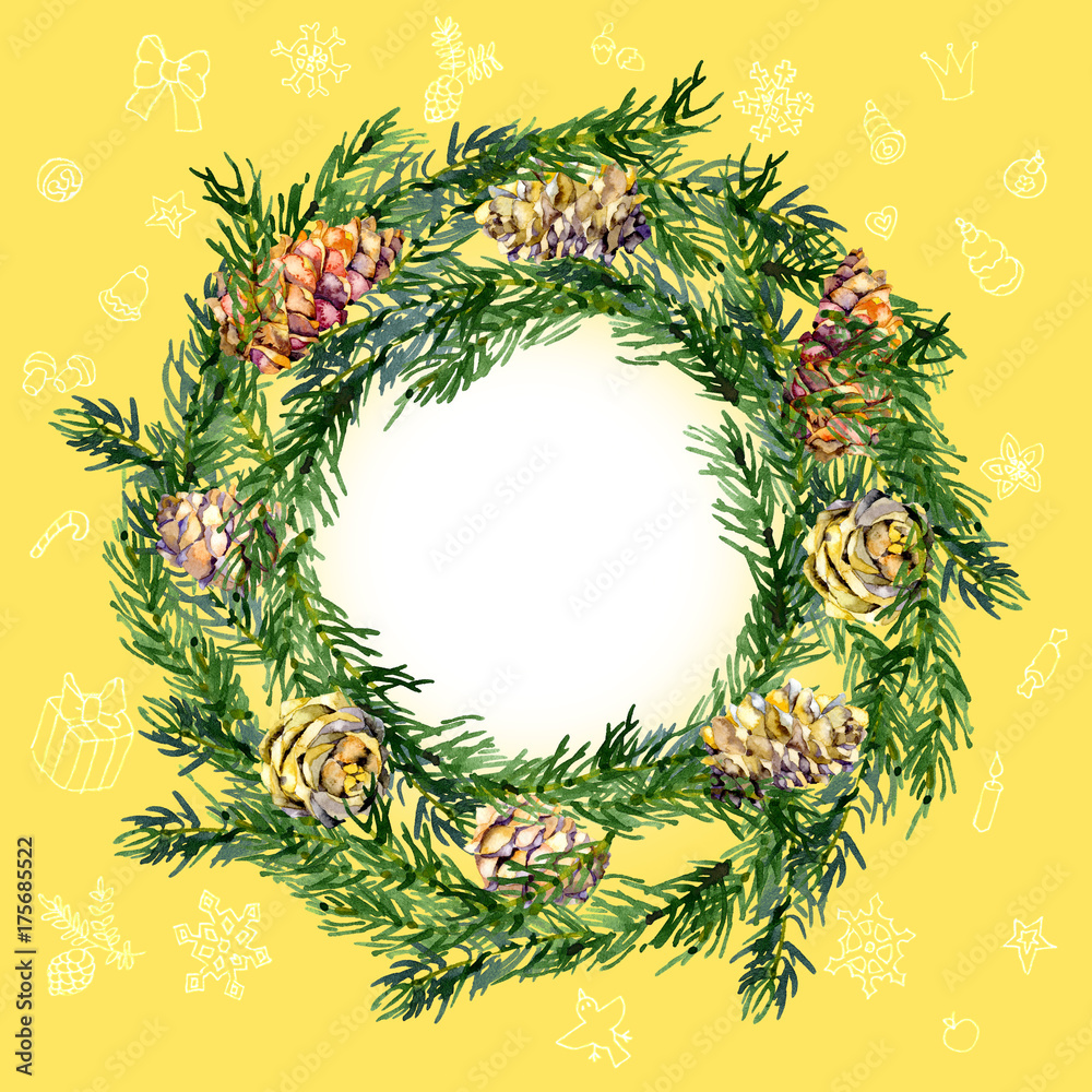 Spruce, coniferous, vegetative, festive wreath with autumn leaves and cones. Watercolor. Illustration
