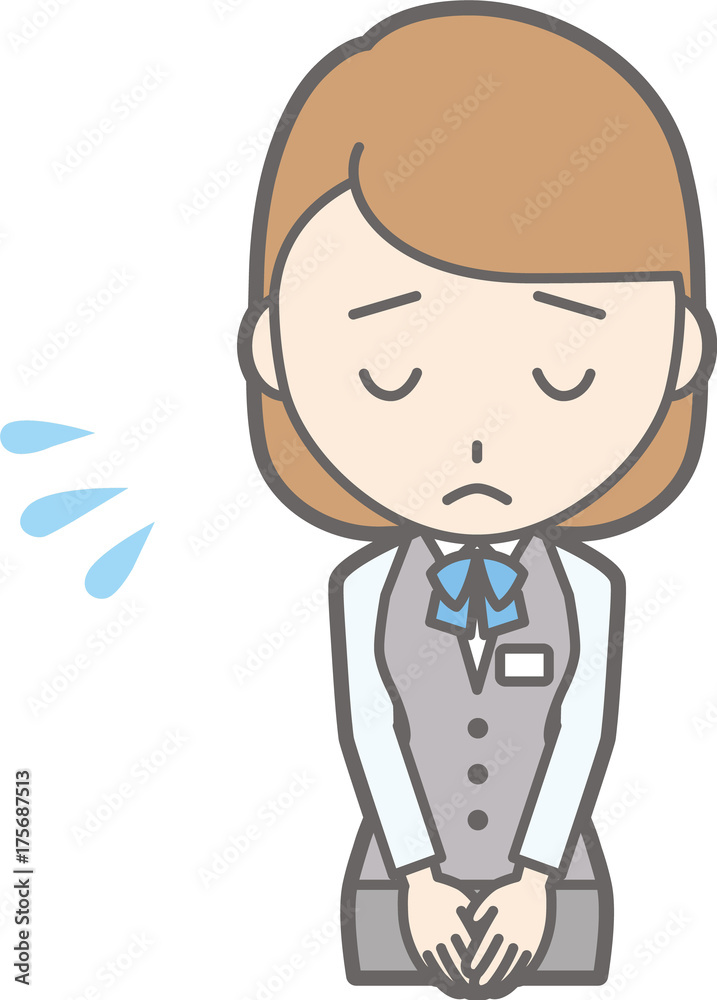 Illustration that a woman clothed in uniform wears a bow to apologize Illustration that a woman clothed in uniform wears a bow to apologize