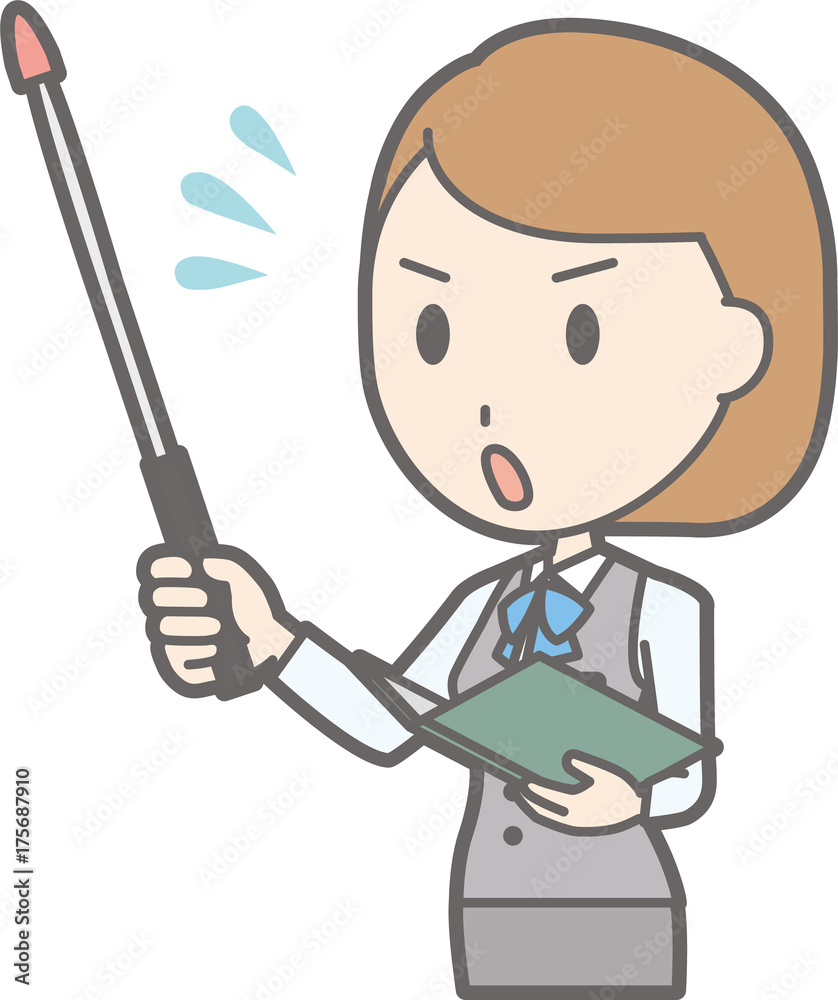 Illustration that a woman clerk wearing a uniform is impatient with an instructor Illustration that a woman clerk wearing a uniform is impatient with an instructor