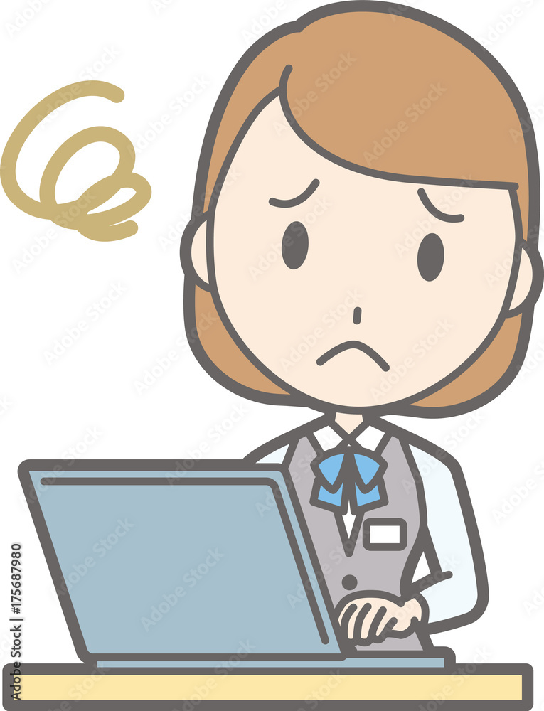 An illustration that a woman clerk wearing a uniform is troubled by operating a laptop computer An illustration that a woman clerk wearing a uniform is troubled by operating a laptop computer