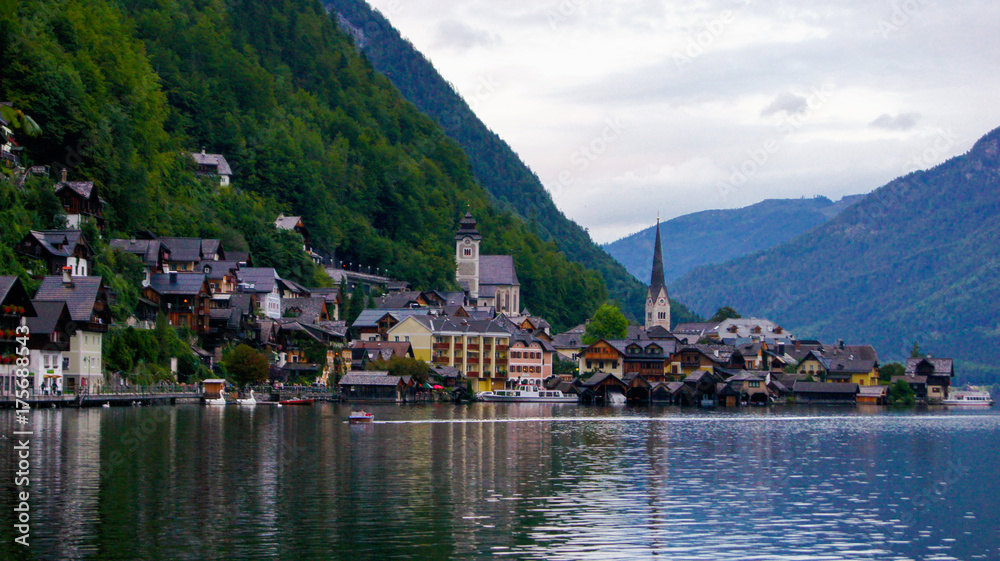Evening view of Lake Hallstatt and the village in the Alps, Austria.