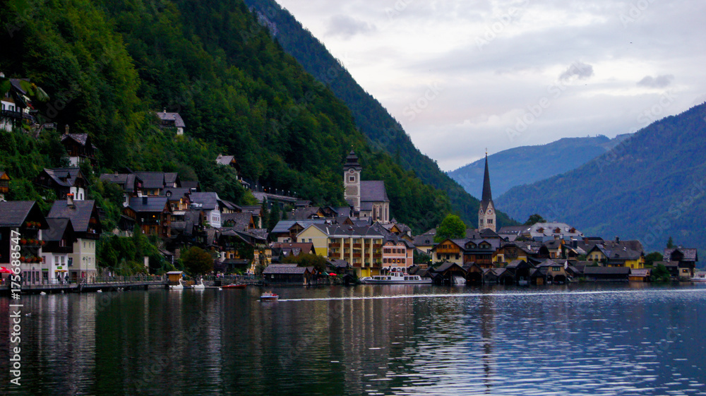 Evening view of Lake Hallstatt and the village in the Alps, Austria.