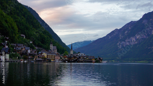 Evening view of Lake Hallstatt and the village in the Alps, Austria. © mounty