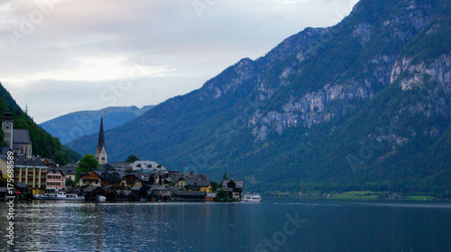 Evening view of Lake Hallstatt and the village in the Alps, Austria.