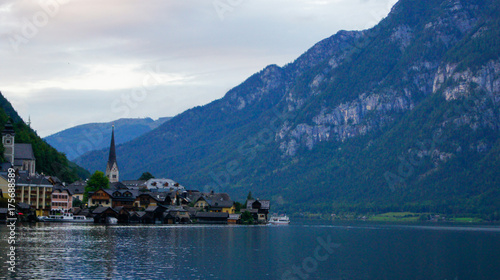 Evening view of Lake Hallstatt and the village in the Alps, Austria. © mounty