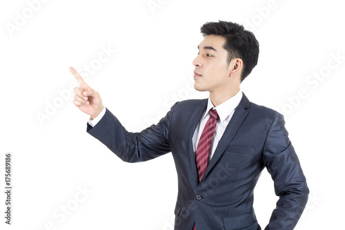 Asian Businessman Point to Direction for Business Plan, Man stand and smile, isolated on white background, Business vision concept.