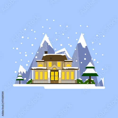 Illustration of winter resort. Beautiful house with mountains  