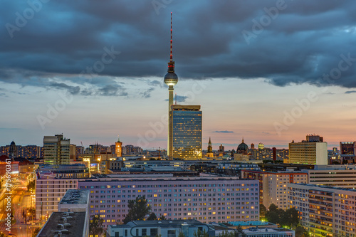 Downtown Berlin with the famous Television Tower at dusk