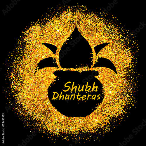 Gold pot for Dhanteras celebration on Happy Dussehra light festival of India background