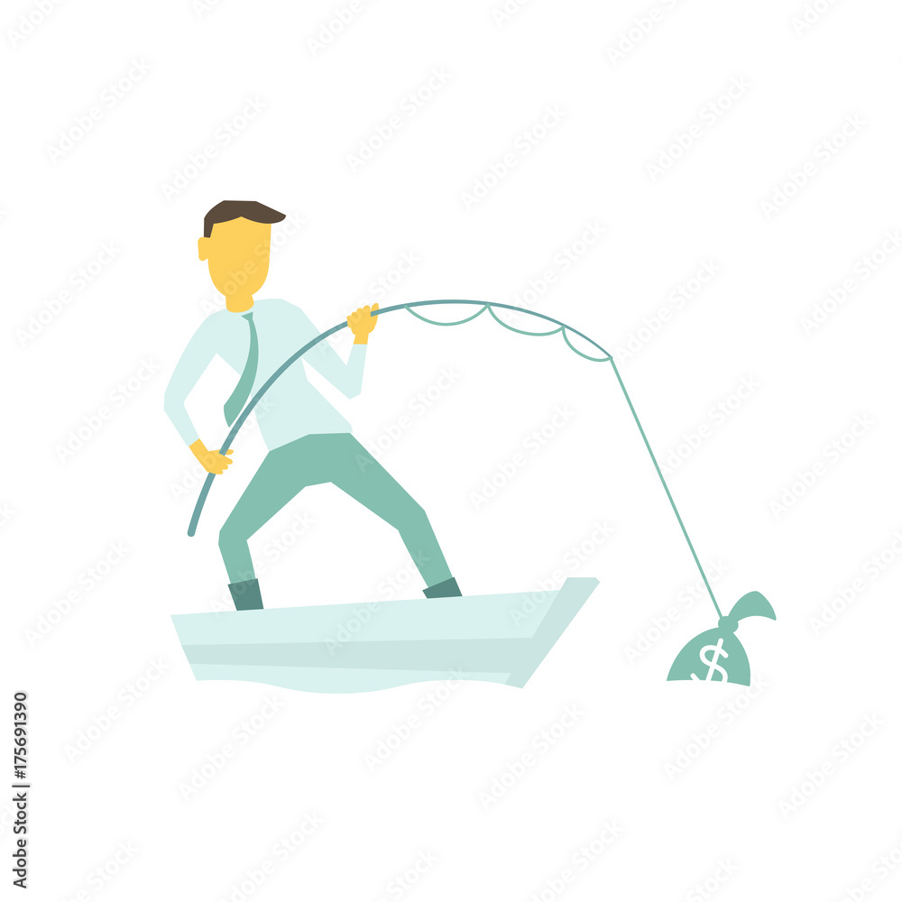 Businessman with a fishing rod caught bag of money. By boat in the lake. Illustration of a vector.