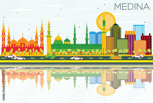 Medina Skyline with Color Buildings, Blue Sky and Reflections.