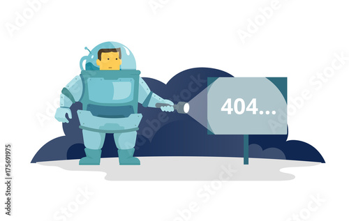 Cosmonaut with flashlight in space signboard 404 error. cute Illustration for error page 404 not found