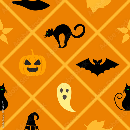 Seamless warm geometric pattern with Halloween symbols: cat, hat, bat, ghost, leaves, pumpkin. Endless texture for wallpaper, web page background, wrapping paper and etc. photo