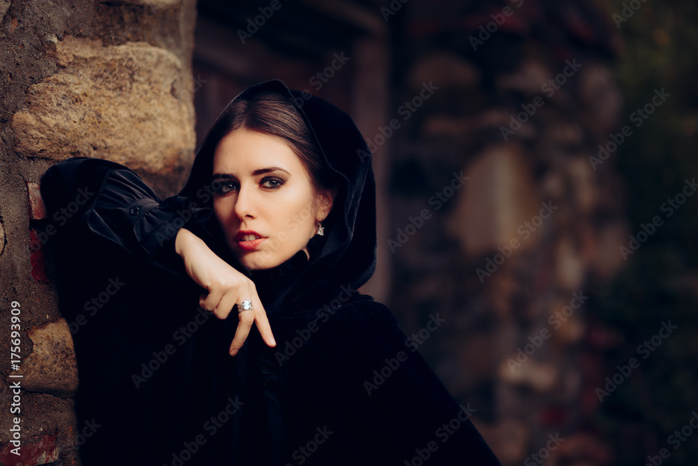 Beautiful Dark Princess in Black Hooded Cape Beautiful Dark Princess in Black Hooded Cape