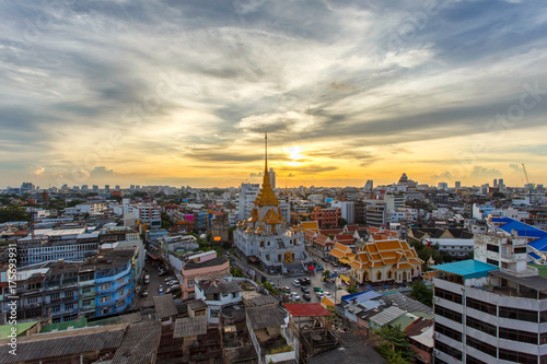Top view cityscape Wat Trimitr in chinatown or yaowarat area in bangkok city  Bangkok  Thailand.