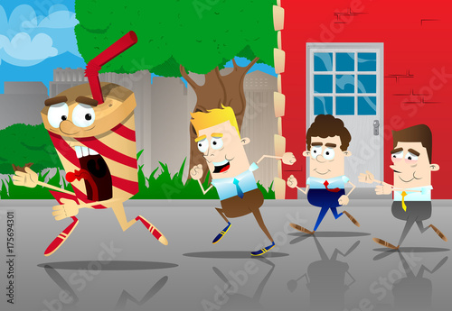 Business office workers running after a terrified cup of coffee. Vector cartoon illustration.