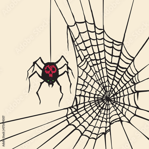 Spider with red scull on black body and web with inscription, woodcut style design, hand drawn doodle, sketch in pop art style, isolated color vector illustration