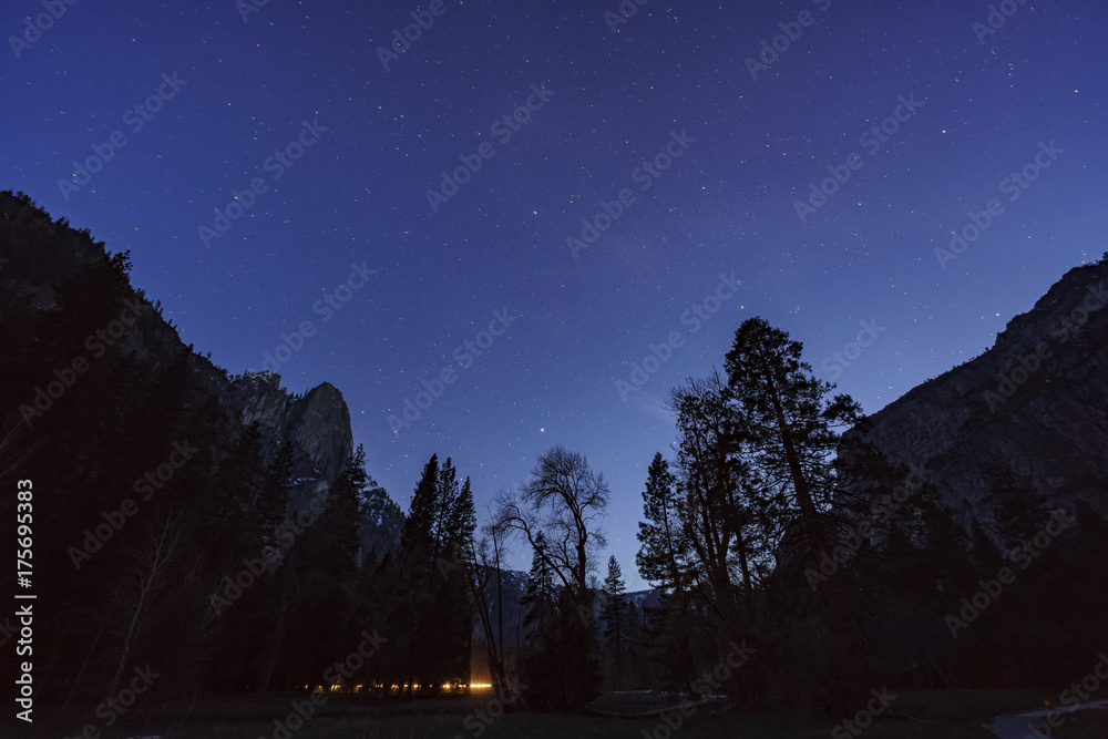 Night star, forest and mountains