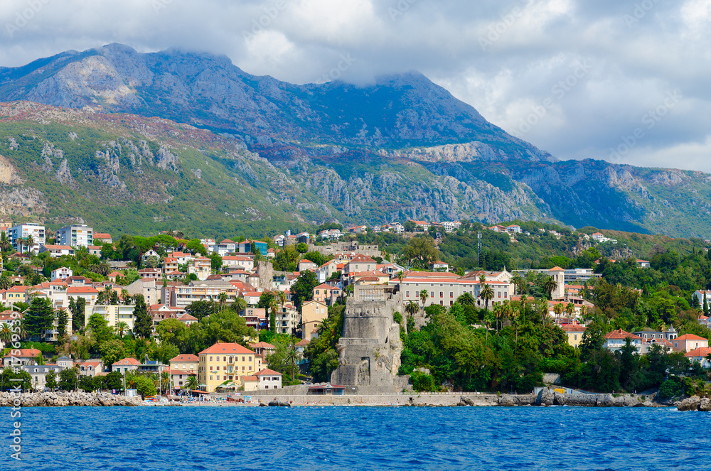 Beautiful view of Herceg Novi and fortress of Forte Mare from sea, Montenegro