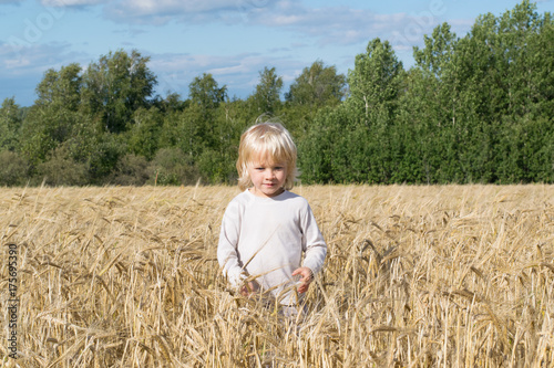 Obraz na płótnie Blond Slavic happy kid boy at a ripe rye wheat field, autumn harvest, Russian forest, the Urals w salonie