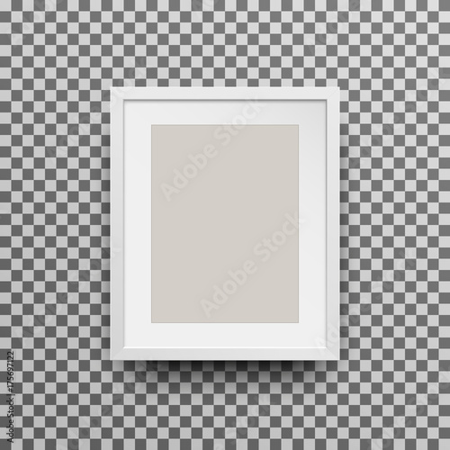 A4 vertical blank frame isolated for photo on a transparent background . Vector realisitc paper or plastic white picture frame mockup on gray background