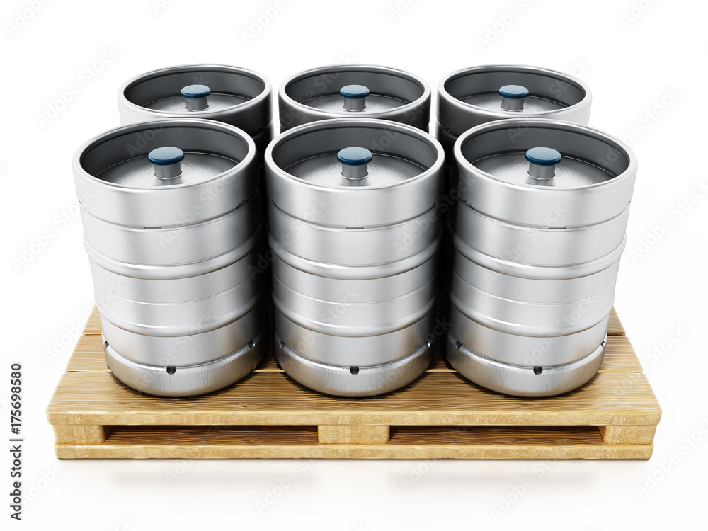 Stack of metal beer kegs standing on wooden pallette. 3D illustration Stack of metal beer kegs standing on wooden pallette. 3D illustration