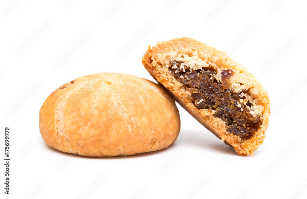 traditional chinese snack of pineapple cakes with one cut out on white background